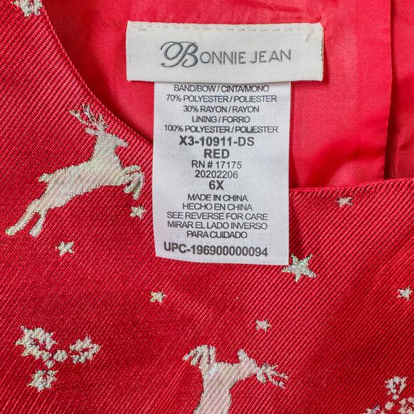 Bonnie Jean, Little Girls Size 6X Red Cap Sleeve Reindeer Jacquard Holiday Dress - Picture 8 of 8